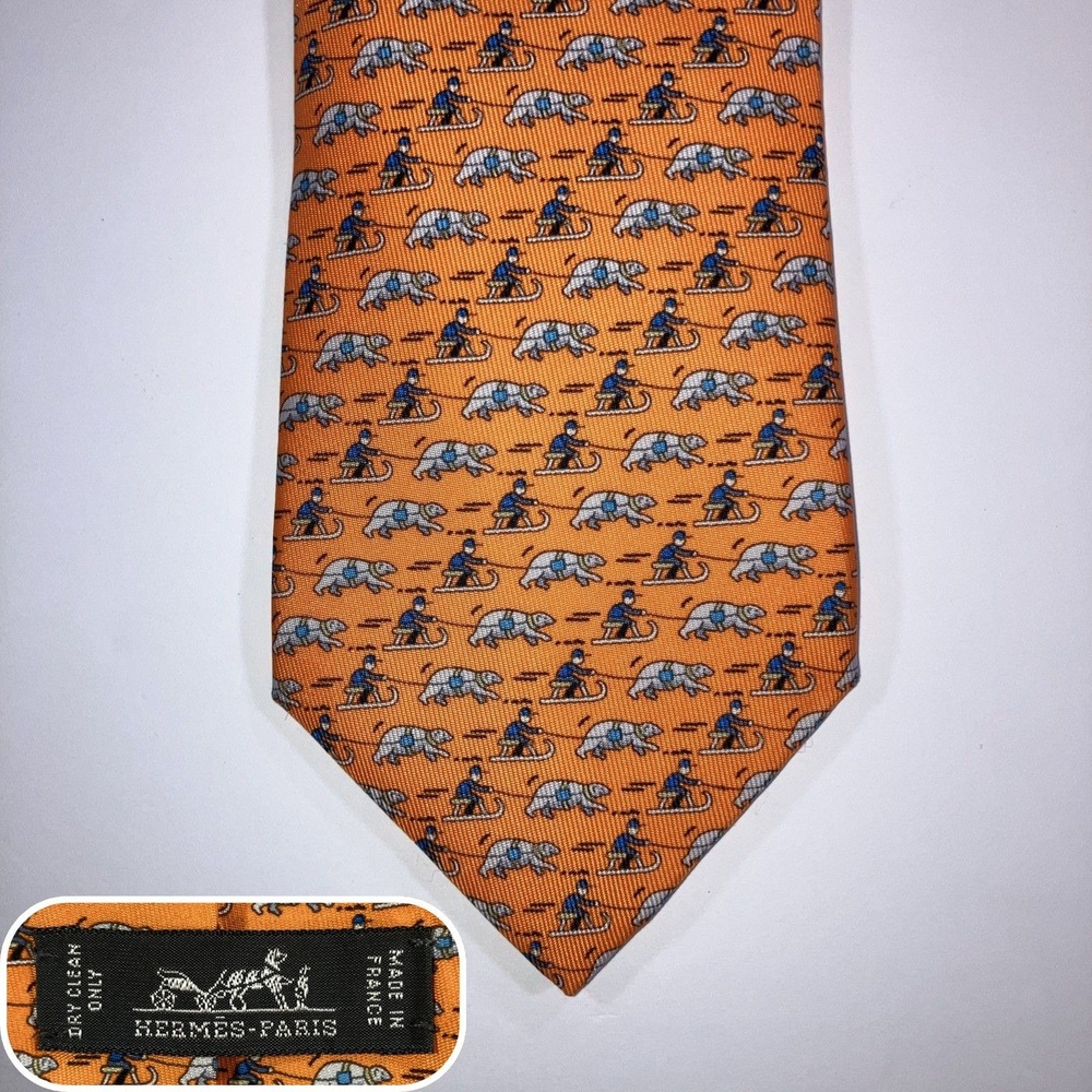 Hermes Paris Silk Tie Mens Whimsical Polar Bear Sleds 5658 Orange Animal Holiday
